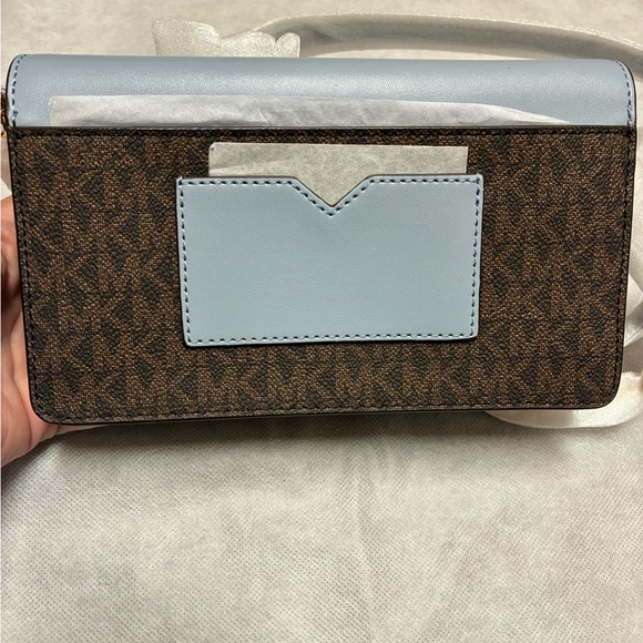 Michael Kors Blue and Brown Jet Set Travel clutch with strap. - Picture 7 of 9